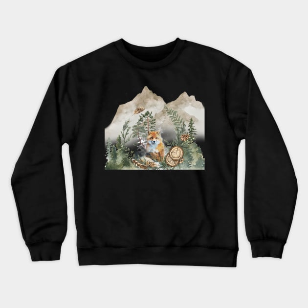 Mountain Forest Red Fox Watercolor Crewneck Sweatshirt by Bramblier